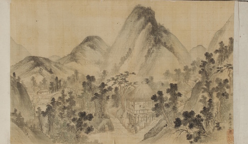 図2　頼山陽の黄葉亭記にともなって描かれた絵図。急感な山や小川に囲まれた美しい自然の中で、数人が集まって過ごす小さな建築が理想とされたことがわかります。（1813から1818年頃の浦上春琴の筆）［所蔵］林原美術館／&nbsp;