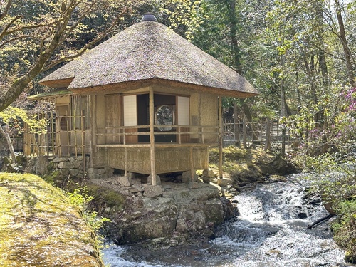 図1　現在の黄葉亭の外観。小川が交わる場所に建ち、小川の心地よい音が響きます。丸太柱などを使用した茅葺の素朴なつくりです。（筆者撮影）